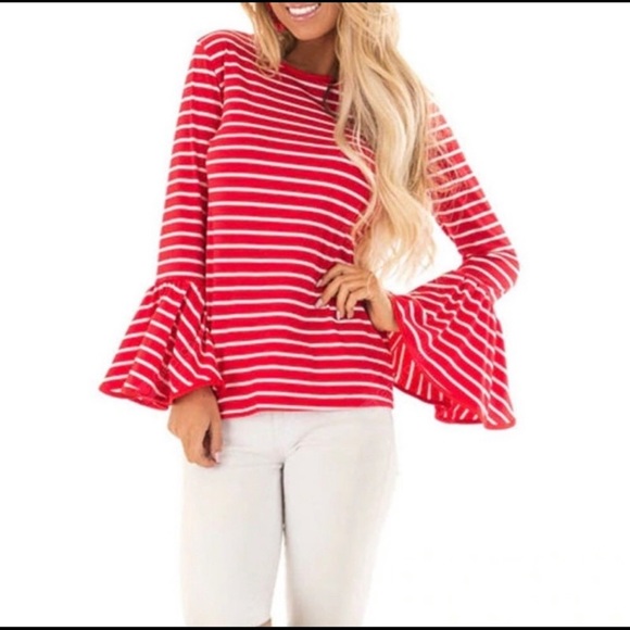 New! Bell Sleeve Red White Stripe Blouse - Picture 3 of 8